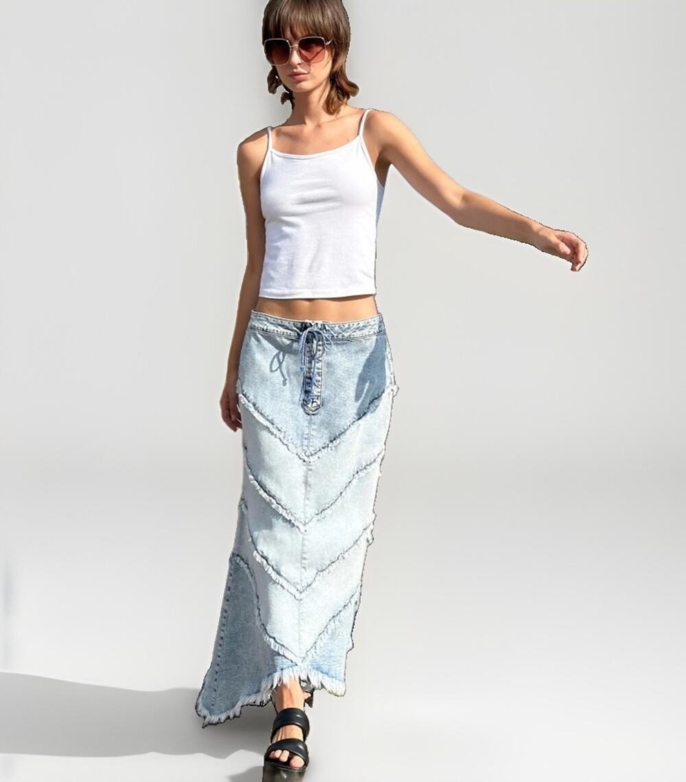 Wash Lab Denim Maxi Skirt Size 25 Frayed Chevron Boho Blue Lace-Up $128 NEW